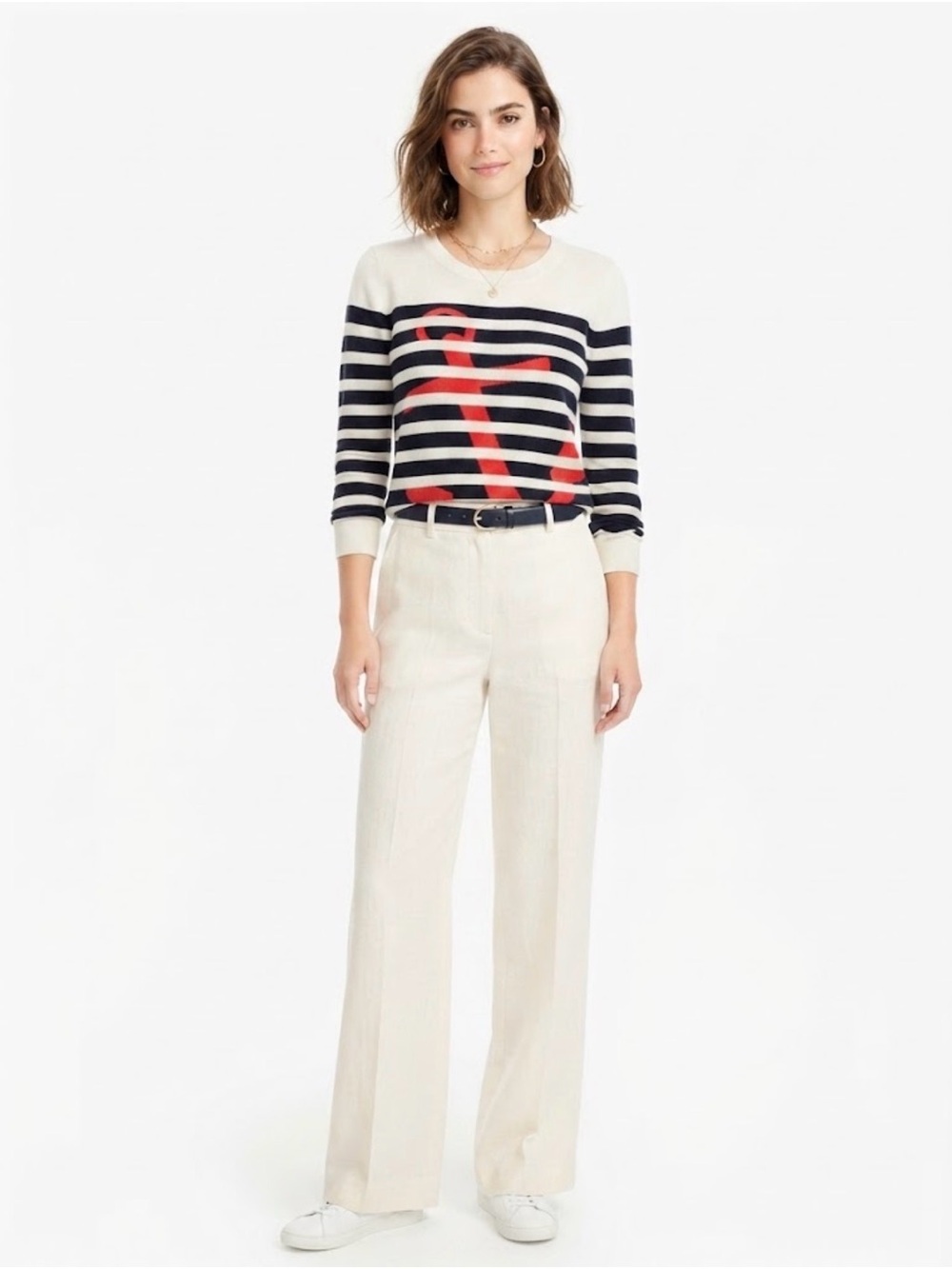 J. Crew Navy & Cream Striped Sweater with Red Anchor, size Small